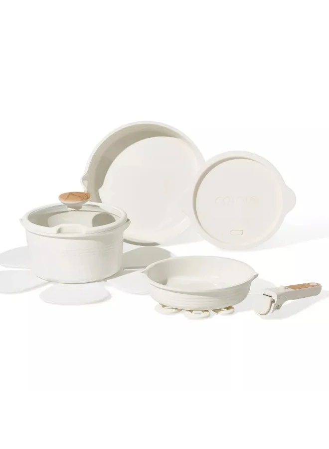 كاروت طقم أواني كاروت 10 قطع سيراميك غير لاصق بمقابض قابلة للفصل، خالٍ من PFAS لطهي صحي، تصميم قابل للتكديس مع فتحات صب، متوافق مع جميع المواقد وآمن لغسالة الصحون (كريمي)